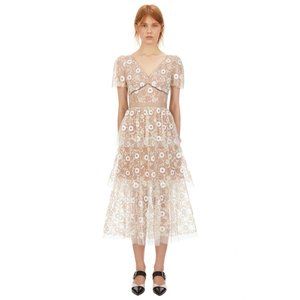 Self Portrait Flower Sequin Puff Sleeved Midi Dress 0